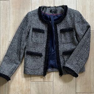 J. Crew Black & White Tweed Fringe Trim Cropped Blazer